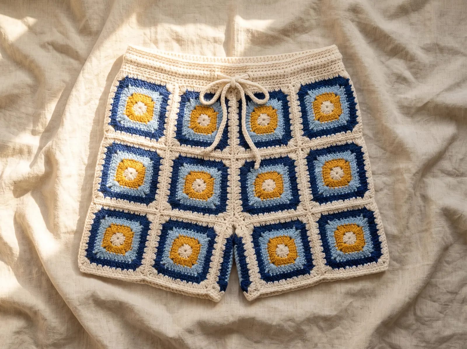 Crocheted shorts laid flat, ecru, indigo and saffron granny squares, on linen