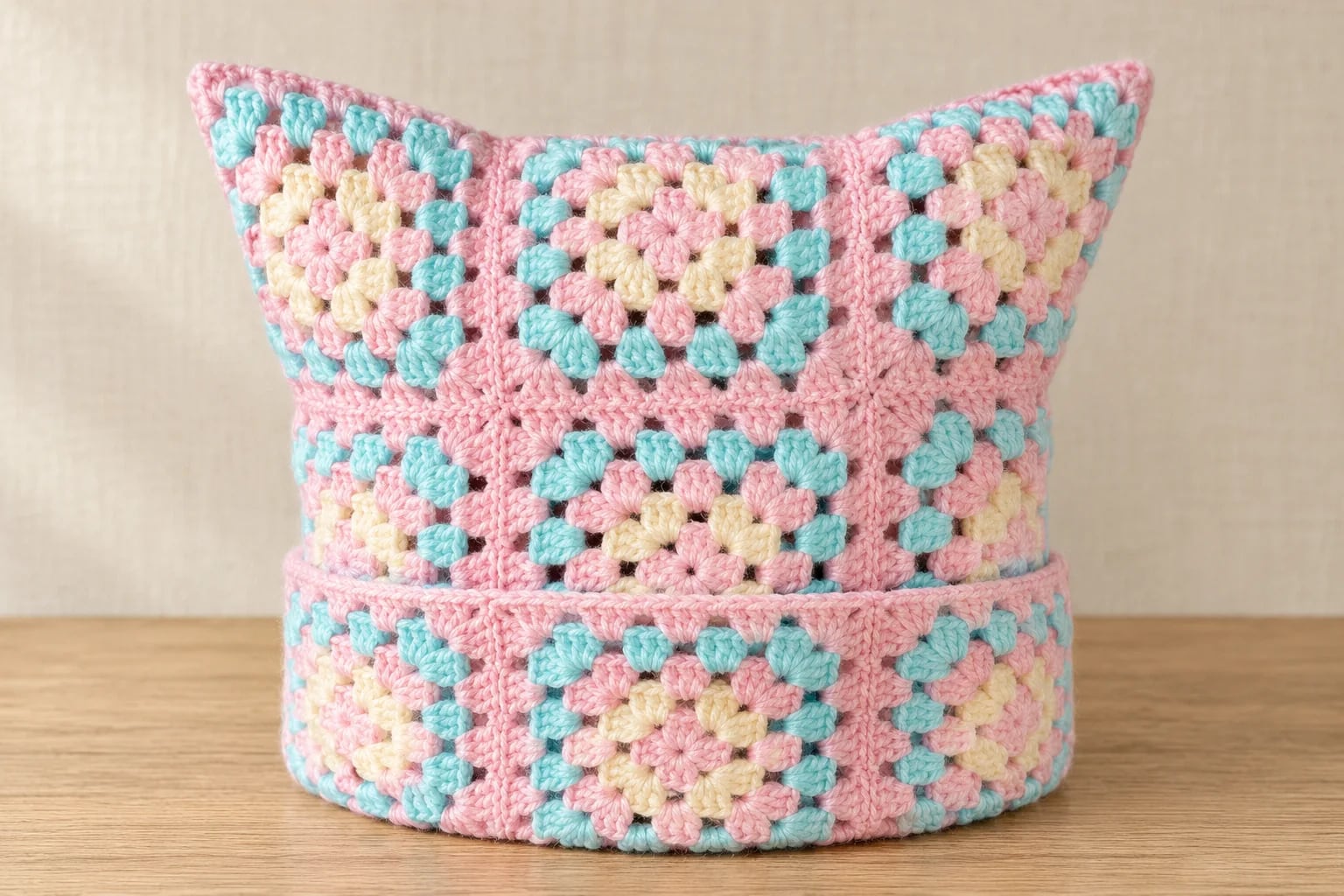 Eared beanie in pink, turquoise and cream granny squares, front view, cuff at the bottom