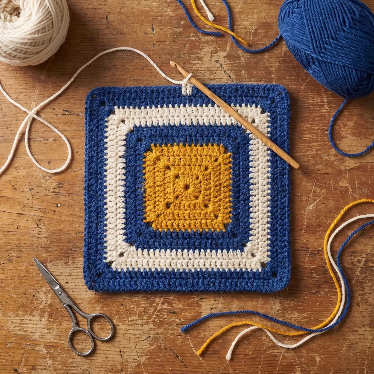 A granny square being crocheted on a wooden table, with the hook and a ball of indigo yarn