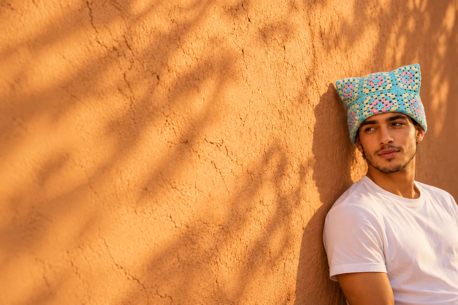 Young man wearing the eared beanie in turquoise, cream and pink granny squares, leaning against a medina wall at sunset